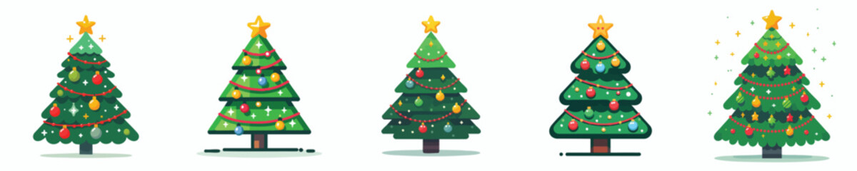 Flat Vector Christmas Trees Decorated with Baubles, Garland, and Star – Festive Tree Icons Collection