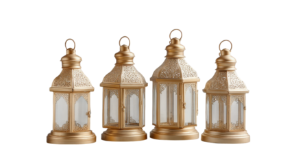 Four ornate gold moroccan style lanterns with glass panels isolated on transparent background