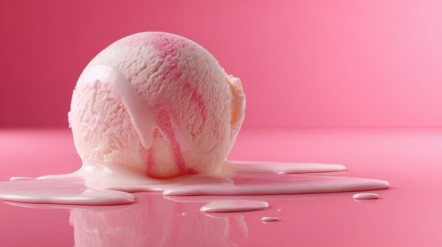 Single scoop of melting strawberry vanilla ice cream on glossy pink surface, ideal for dessert branding or summer-themed design mockups.