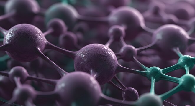 Macro view of interconnected purple and teal spheres