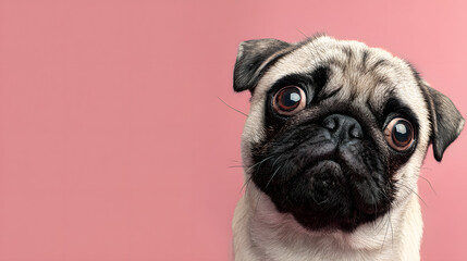 Obraz premium Playful pug with a wrinkly face on a solid pink background, humorous and adorable