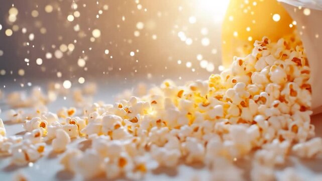 Golden Popcorn Cascade: A Cinematic Snack Delight with Sparkling Light Effects