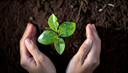 Closeup of hands protecting a small green seedling in rich soil