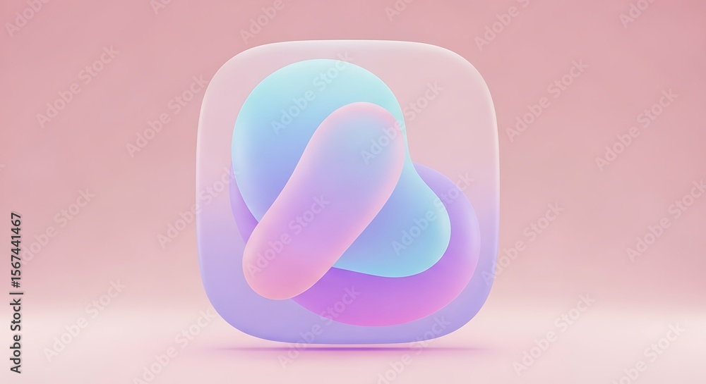 Poster abstract 3d rendering of pastel-colored, flowing shapes within a translucent square.