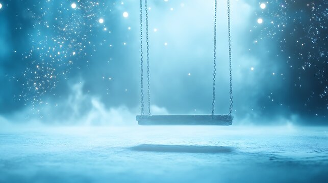 Floating swing in zero gravity surrounded by stars cosmic vibes ''2025'' on light blue background