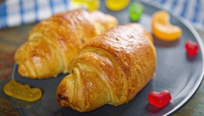 Freshly Baked Croissants on a Dark Plate with Colorful Candy Treats