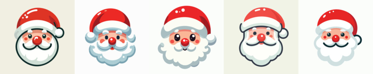 Cartoon Santa Claus Head Icons – Cute Flat Christmas Vector Faces