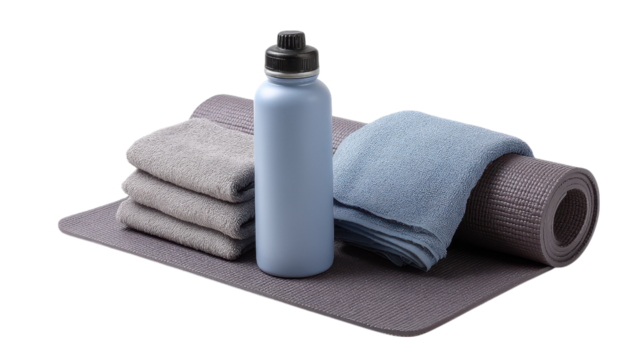 Yoga mat with rolled towels and water bottle isolated on transparent background