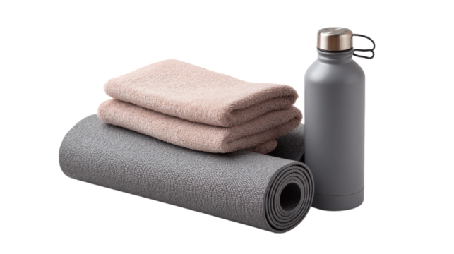 Yoga mat with folded towels and water bottle isolated on transparent background
