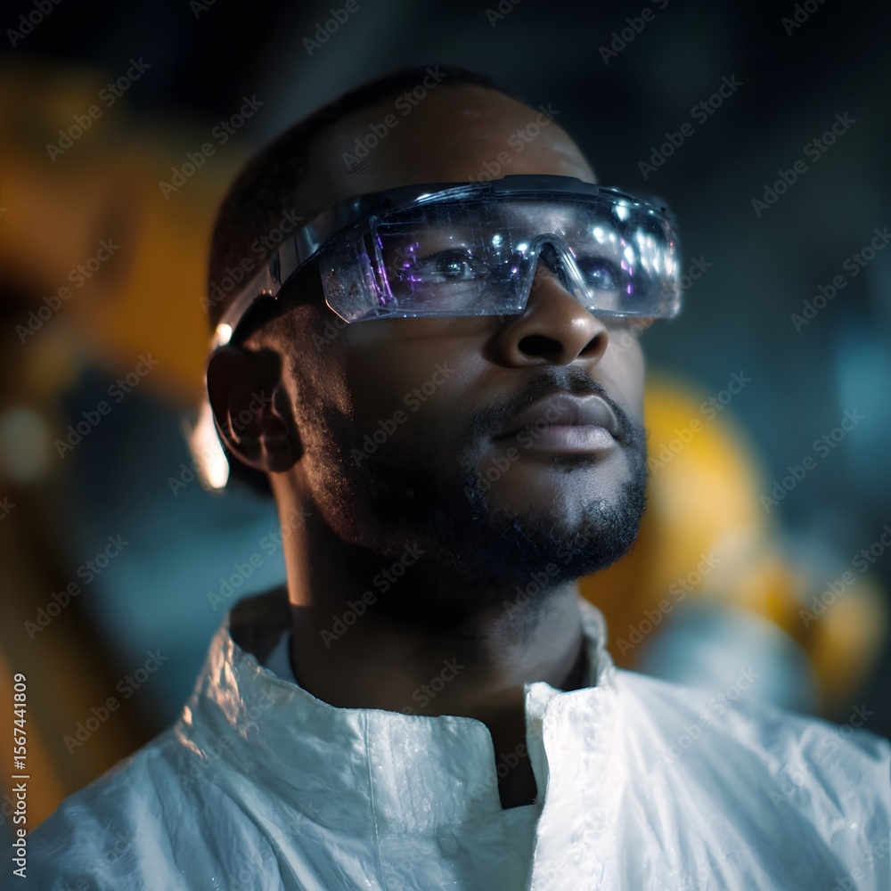 Poster a technician in smart goggles overseeing structural printing from a robot arm in an automated indust