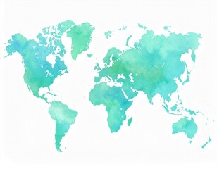 Obraz premium Abstract watercolor world map in shades of turquoise and green on white background