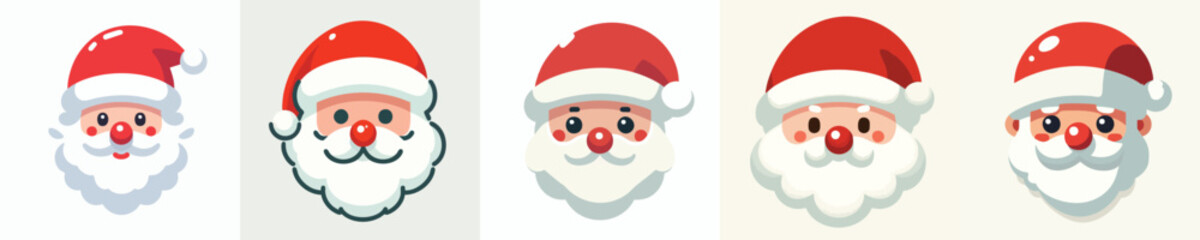 Santa Claus Face Icon Set – Cute Christmas Cartoon Heads with Red Hats and Beards