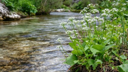 Clear stream with white flowers and lush greenery