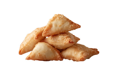 Pile of golden brown fried samosas isolated on transparent background
