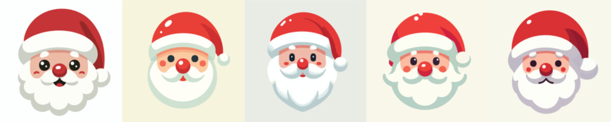 Santa Claus Head Icons – Cute Christmas Face Vector Set in Flat Style