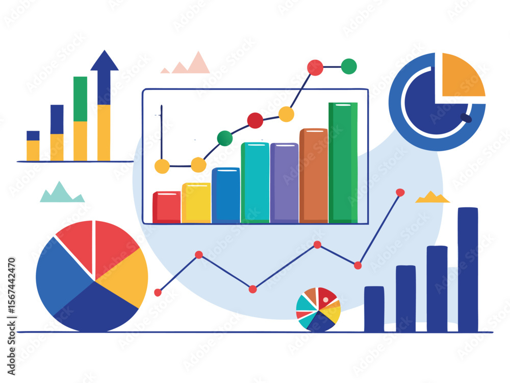Aufkleber collection of colorful business analytics charts and graphs showing growth and data trends isolated 