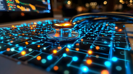 Stethoscope on Illuminated Keyboard with Stock Market Data Displ