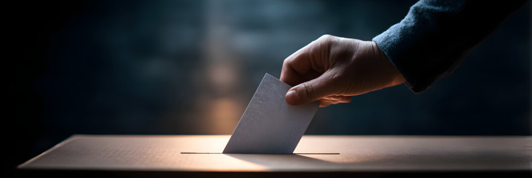 Modern social responsibility concept with hands inserting official ballot into secure box with dramatic lighting - election participation and democratic voting