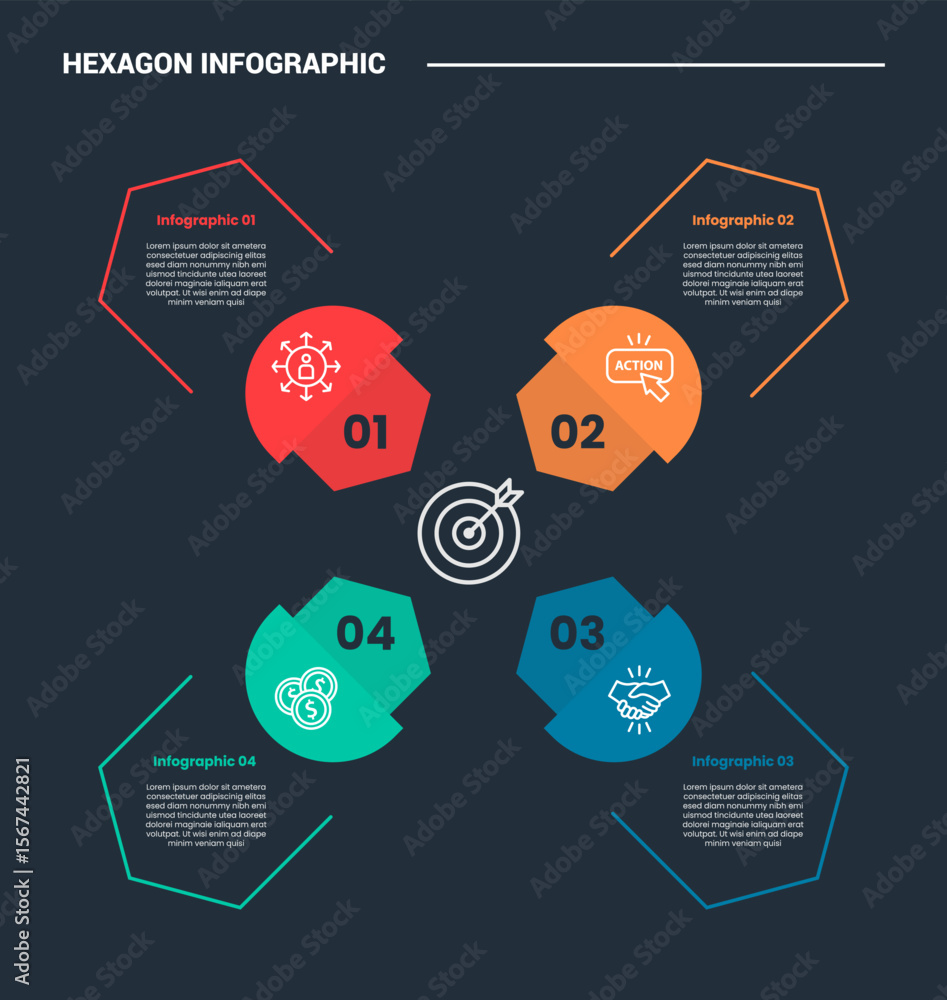 Poster hexagon base shape infographic process diagram with open shape spreading all direction create x shap