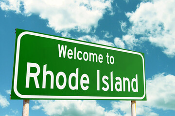 Welcome To Rhode Island Green Road Sign at the entrance to the state.