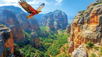 Obraz premium Majestic Eagle Soaring Above Lush Green Canyon with Towering Roc