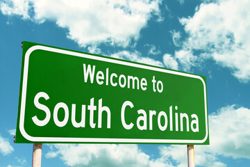 Welcome To South Carolina Green Road Sign at the entrance to the state.
