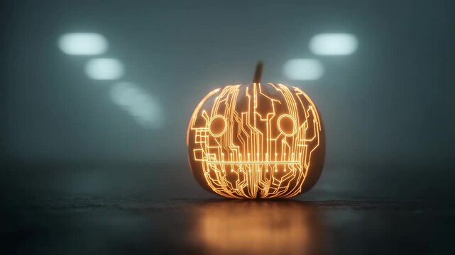Halloween concept. A glowing pumpkin with a circuit board pattern carved into its surface sits on a dimly lit floor.