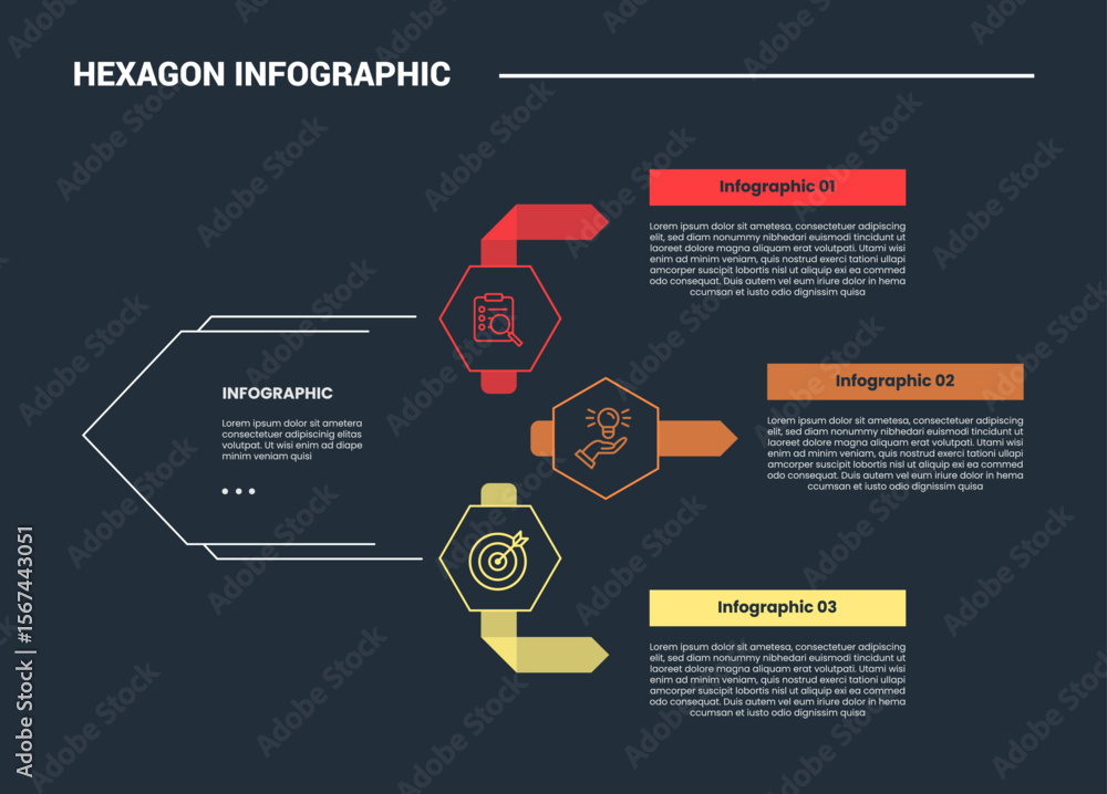 Poster hexagon base shape infographic process diagram with hexagon with ribbon arrow pointer with dark back