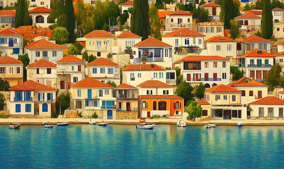 Obraz premium Coastal Village Houses with Orange Roofs and Blue Water, Boats i