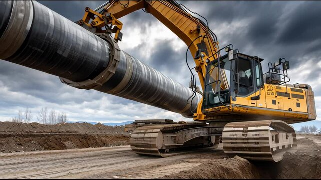 A large yellow excavator is pulling a long pipe