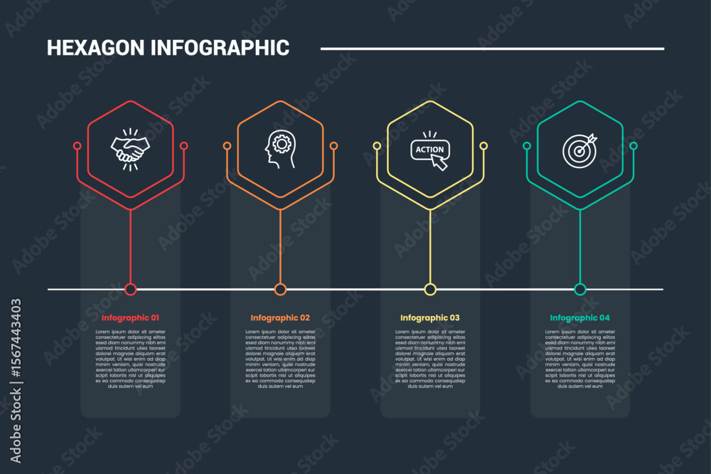 Poster hexagon base shape infographic process diagram with standing vertical line with dark background brig