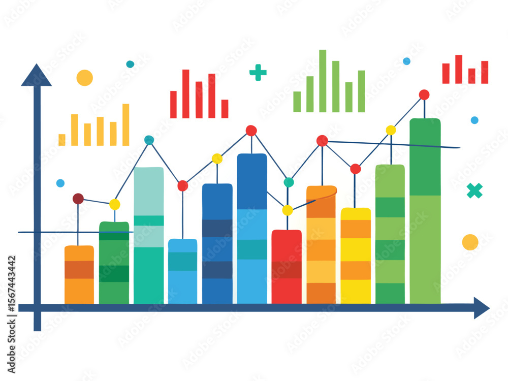 Poster colorful bar chart with connecting line graph showing upward trend and data points isolated on white