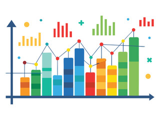Colorful bar chart with connecting line graph showing upward trend and data points isolated on white background
