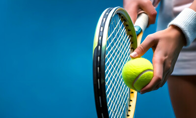 A tennis player holds a ball and racquet
