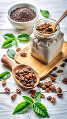Fototapeta premium A wooden spoon rests in a jar of ground coffee beans, surrounded by coffee beans and leaves, isolated on white background