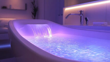 Futuristic glowing bathroom sink floating water effect ethereal lighting