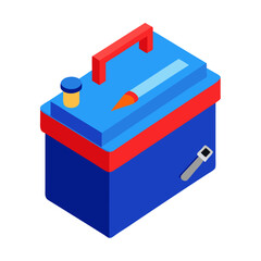 Blue toolbox with red lid, tools container for crafts and trades vector icon on white background.