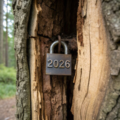 Locked in Time: An evocative image of a padlock etched with the year 2026, secured within the hollow of an ancient tree, symbolizes concepts of time, anticipation, and the passage of years.