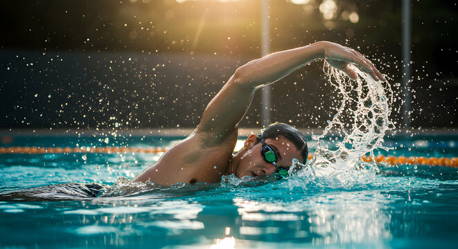 Swimmer performing front crawl stroke in outdoor pool during sunny day, showcasing athleticism, effort, and water sport activity with splashes and swim gear visible
