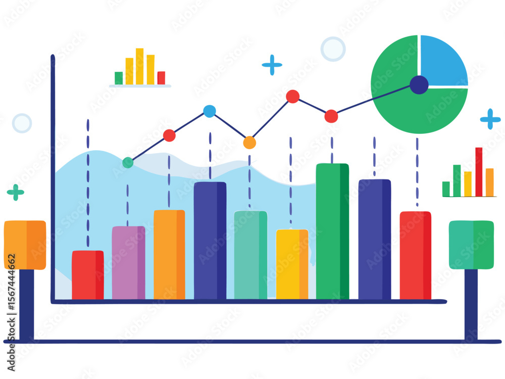 Poster colorful business growth chart with line graph and pie chart isolated on white background