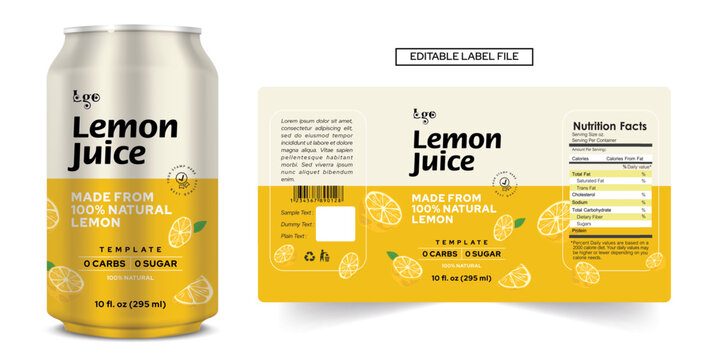 Lemon Juice Packaging Design, Citrus Limon Soft Drink Label, Soda Can Vector, Energy Drink Sticker, Fruit Juice Bottle Label Template