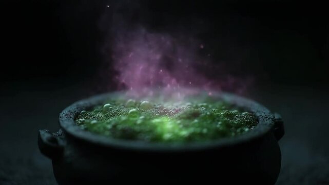Halloween concept. A bubbling cauldron emits green liquid and glowing magical purple mist in a dark, mystical setting.