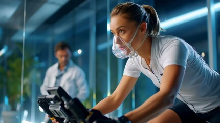 Woman wearing a breathing mask during a cycling workout in a laboratory setting. - Powered by Adobe