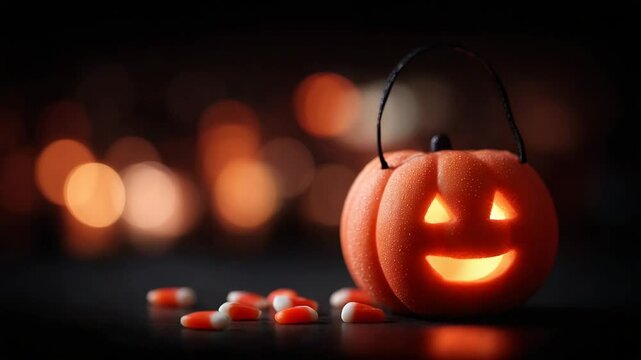 Halloween concept. A glowing jack-o'-lantern Halloween bucket sits beside scattered candy corn with warm, blurred lights in the background.