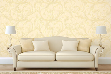 Elegant living room featuring a cream sofa, patterned wallpaper,