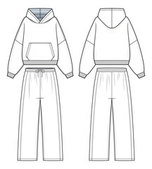 Unisex Tracksuit Set Technical Fashion Illustration. Hoodie and Jogger Pants Vector Template. Kangaroo Pocket. Ribbed Cuffs and Hem. Front and Back design. Casual Athleisurewear. CAD Mockup set.