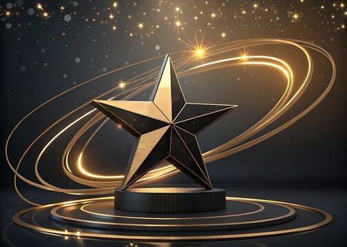 Gold star award with glowing ribbons black
