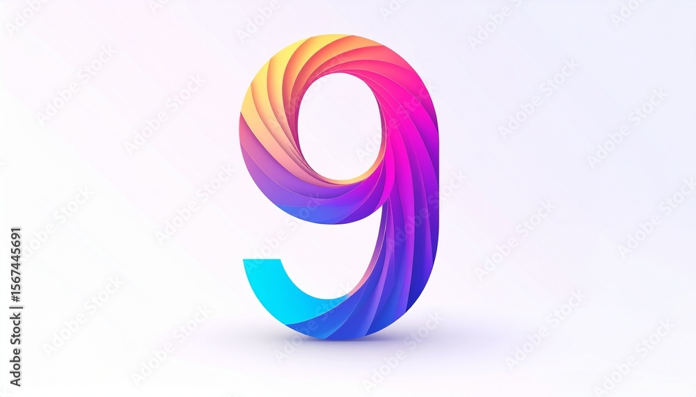 Fototapete number 9 illustration with vibrant gradient colors on white background, abstract number nine art wit