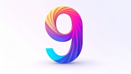 Number 9 Illustration with Vibrant Gradient Colors on White Background, Abstract Number Nine Art with Dynamic Color Swirls and 3D Effect