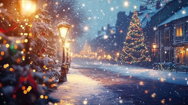 Fototapeta Snowy Christmas Street Scene with Lights and Decorated Tree